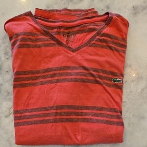 Lacoste Coral and Brown Striped V-Neck Tee